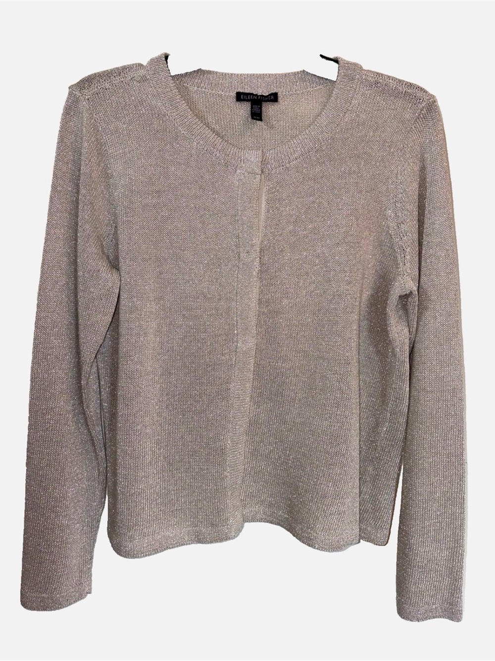 Eileen Fisher Cotton Metallic Silver Shimmer Knit Cream Cardigan Sweater M
